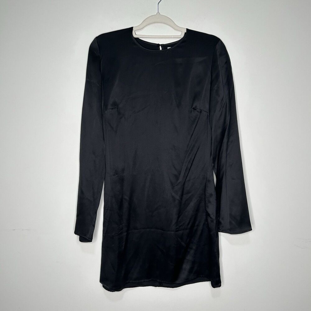 Black Long-Sleeve Satin Shift Dress - Unbranded